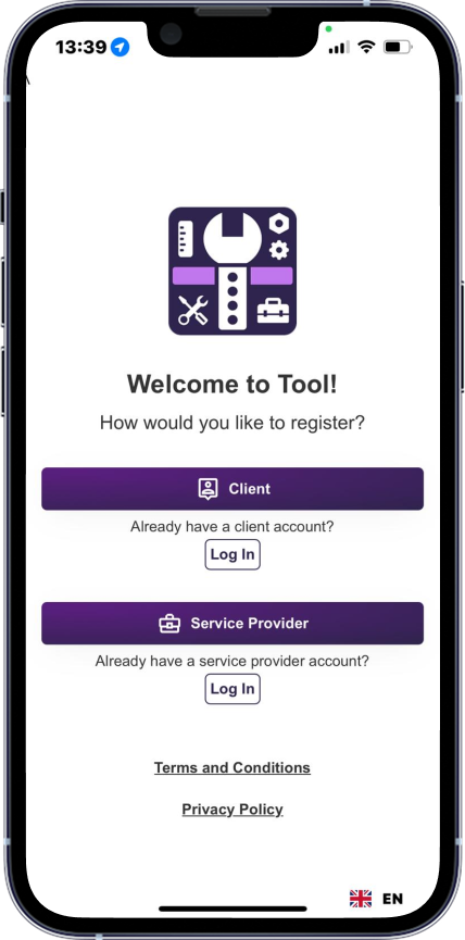 Tool Connect App Registration Screen